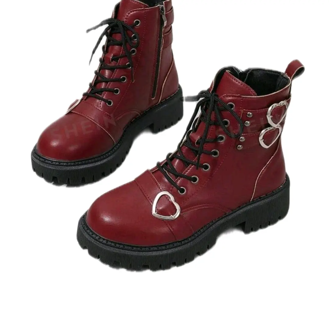 Pink Grunge Punk Studded Heart Decor Short-Shaft Boots for Girls, Fashionable Footwear for Spring and Autumn - Women