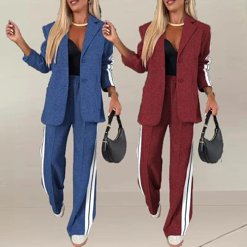 Luxury 2-piece Women Loose Suit Blouse Coat Sides Vertical Stripes Wide Leg Long Pant Casual OL Clothing Ourfit Matching Sets
