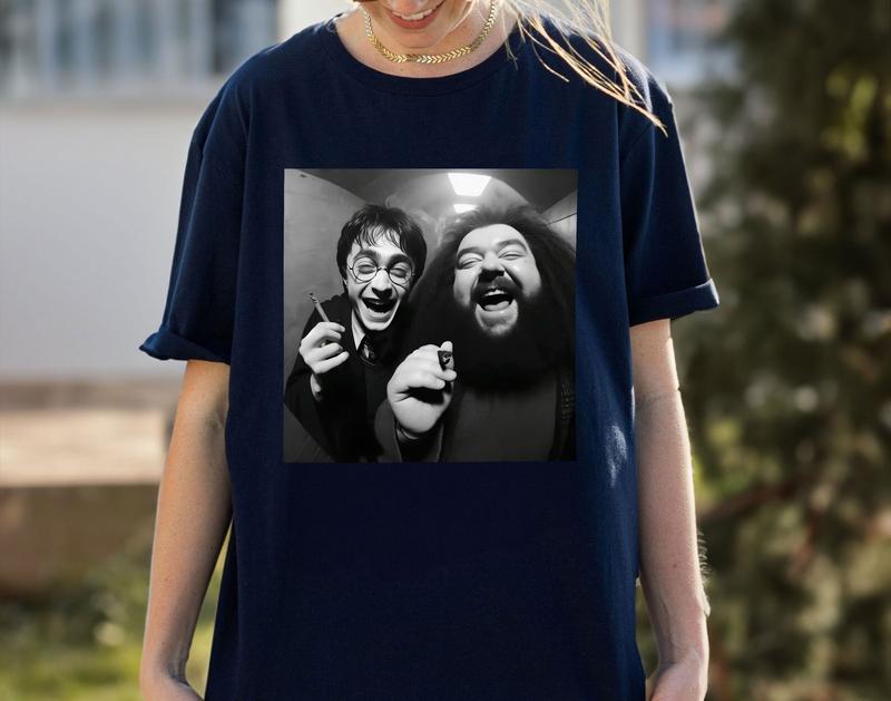 Funny Shirt, Harry And Hagrid Selfie T shirt, Potter Cctv Meme Tshirt, Black And White Wizard Tee Cotton Menswear Top Streetwear 5