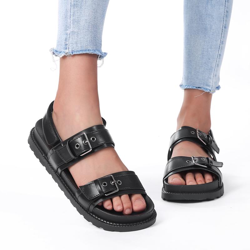 Product Introduction of SHOOFANZ Women's Double Buckle Flat Sandals Women's Fashion Comfortable Summer Shoes Women's Outdoor Non-slip Sandals Ladies Fashion Casual Slippers 9