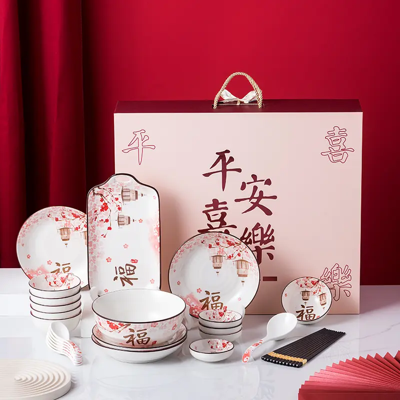 29 Pieces Japanese Chinese Style Dinnerware Set Ceramic Kitchen Dinner Combination Set with Rice Bowls Ramen Bowl Plates Dip Dish Chopsticks Cutlery Round ware