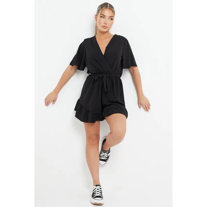 Women's Solid Color V Neck Wrap Ruffle Hem playsuit 5