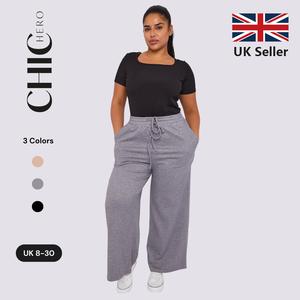 ChicHero Premium Ribbed Thicker Jersey Stretch Wide Leg Comfy Casual Trousers With Drawstrings and Pockets