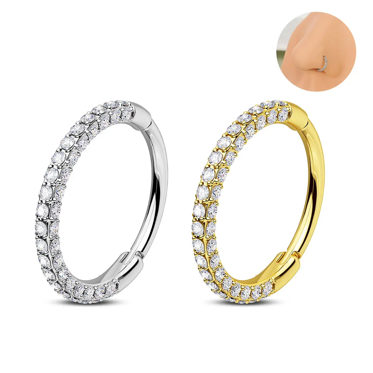 Oufer 20G Triple Sided CZ Gems Hinged Segment Nose Hoop Ring