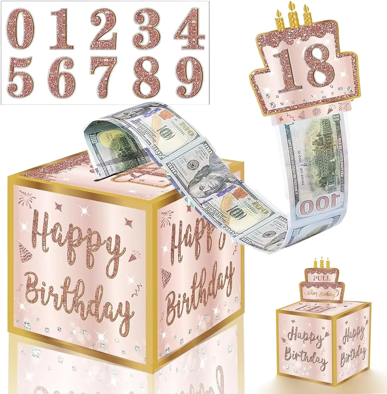 Novelty Birthday Money Box Cash Gift Pull with DIY Stickers for Any Age, Surprise Money Gift Box with Pull out Happy Birthday Card and 30Pcs Transparent Bags, Money Gift Box for Cash Gifts Girls Women