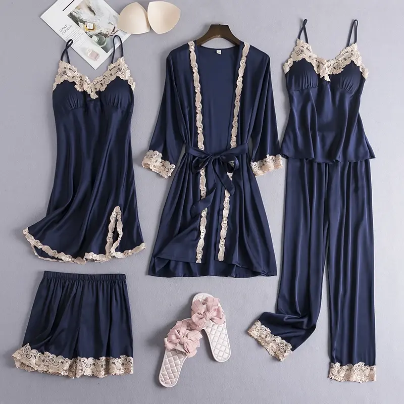 Five piece set Women robe Suit Pajamas Nighty&Satin Kimono Bathrobe Gown Nightdress Silky Lace Sleep Set Nightwear Sexy Nightgown Womenswear Comfort Loungewear Spring Nightwear HomeWear Suits Women Pajamas Set Comfortable Casual