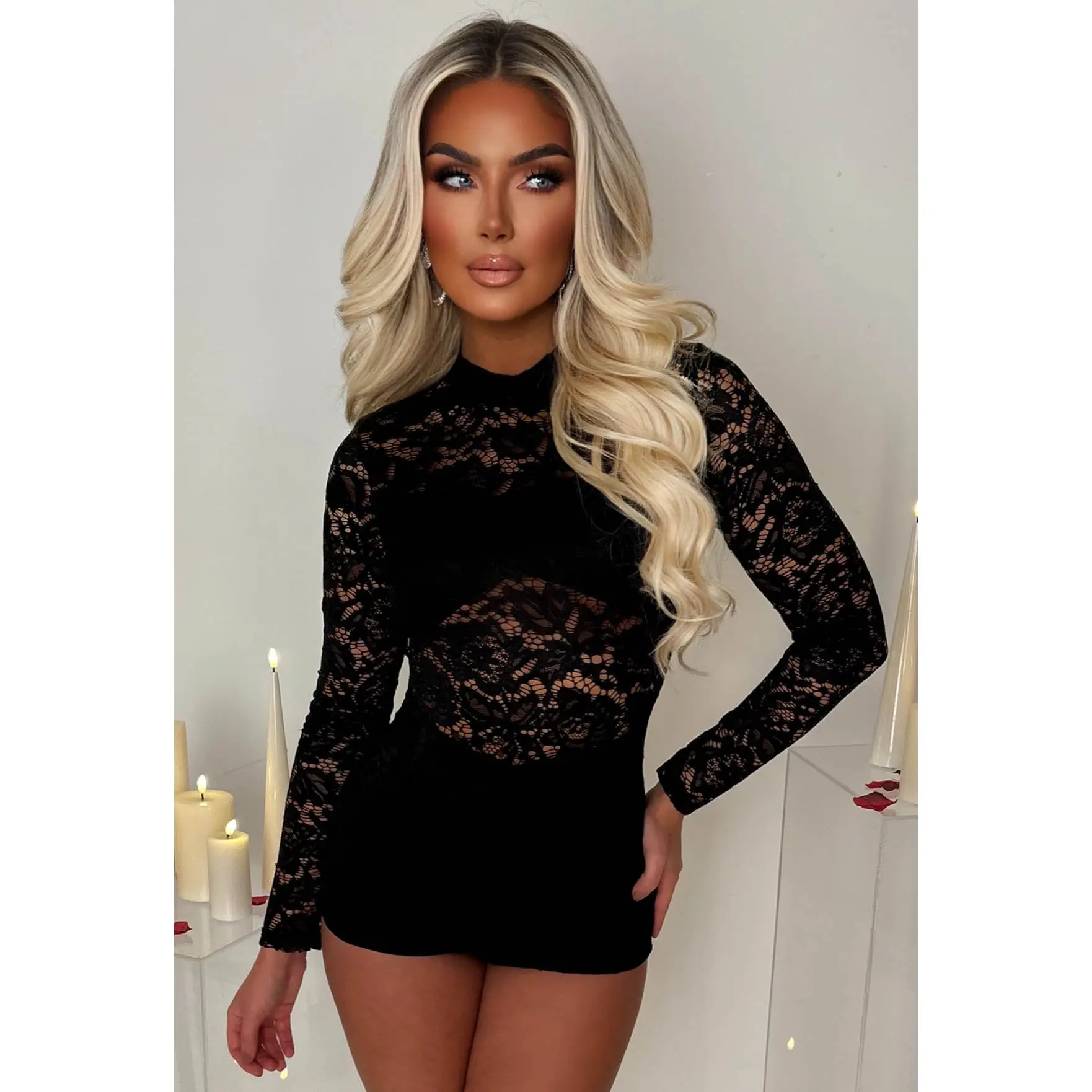 Allie Playsuit Black Lace High Neck Playsuit