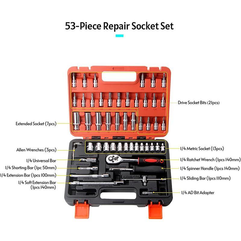 53Pcs/Set Flexible Socket Kit 1/4" Ratchet Wrench Drive Car Repairing Tools UK 7