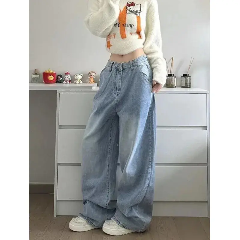 Hello Kitty Sanrio Y2k Denim Pants Retro Letter Embroidery Jeans High Waist Loose Wide Leg Trousers High Street Pants For Women 3