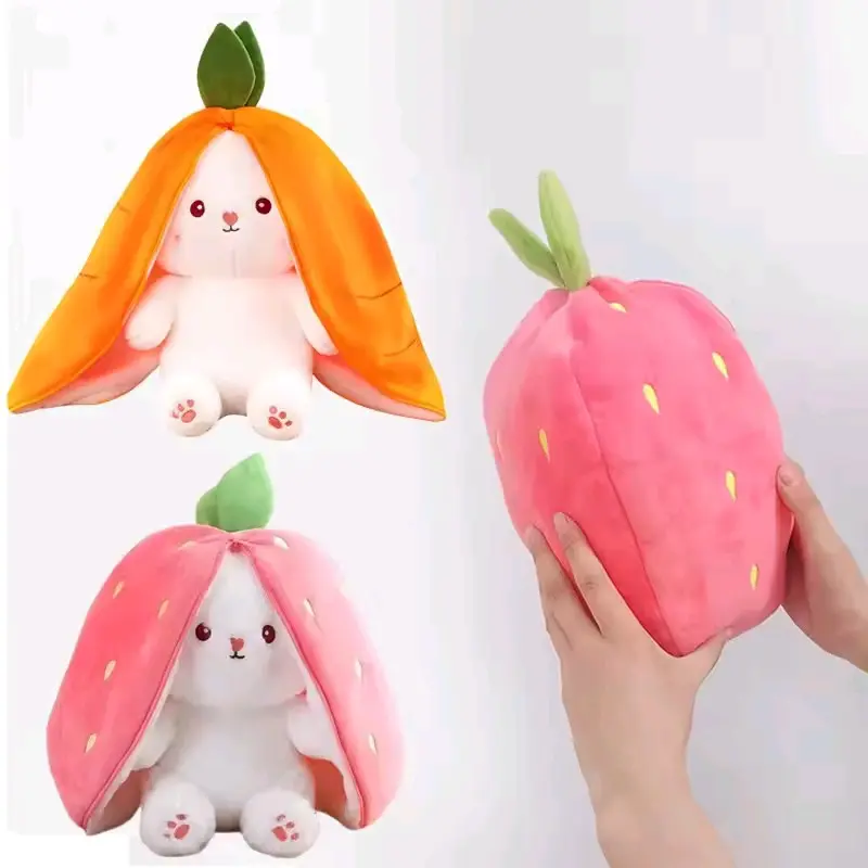 25cm Cute Strawberry Carrot Rabbit Plush Toy Stuffed Creative Into Fruit Transform Baby Cuddly Bunny Doll for Kid Birthday Gift + toys + kids toys + gift for kids + plush toy