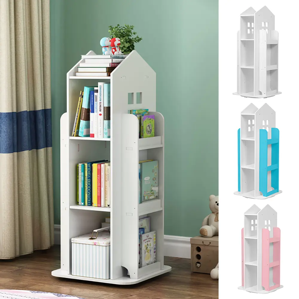 Lifeideas 3 Colors Multi-Functional 360° Rotating Bookshelf,Creative Kids' House Frame Bookcase Bookshelf,Wooden Floor Standing Kids Bookcase Organizer,Book Display Rack Shelf,Book Storage Shelf Organizer for Home Child's Bedroom,Study Room,Playroom