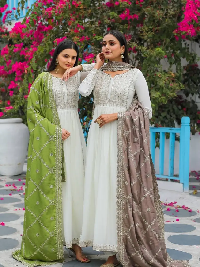 White Pure Chinon Silk Anarkali Gown With Embroidery And Sequence Work With Sleeve With Tassels