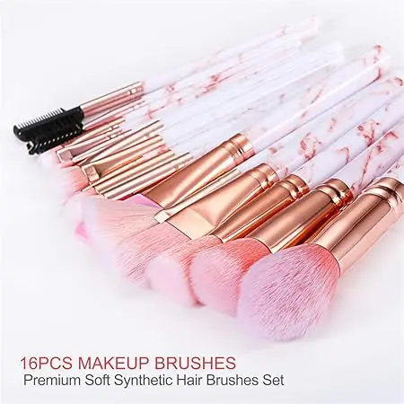 Makeup Brushes Sets Glamour Gaze 16PCS Pink Marble Make up Brushes Foundation Eyeshadow Concealer Eyebrow Blush Brush Set With Makeup Brush Holder and Silicone Mask Brush 6