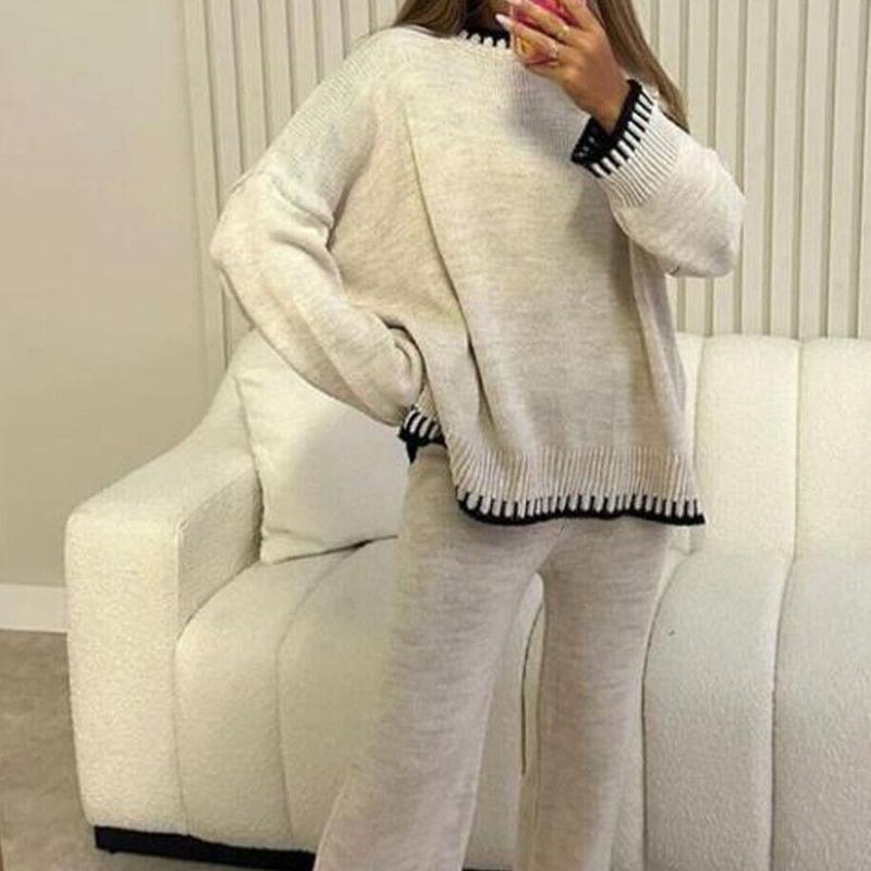 Women's Stitched Knitted Jumper Top Wide Leg Trousers 2PCS Co ord Loungewear Set Long Sleeve Winter Basic Comfort Womenswear Casual Comfortable Coord Fit Overalls 8