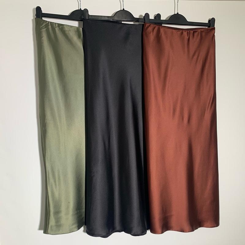 Tailored Silver Sage Green Black & Brown Midi Satn Skirt Drape  occasion Modest Women’s  Casual 5