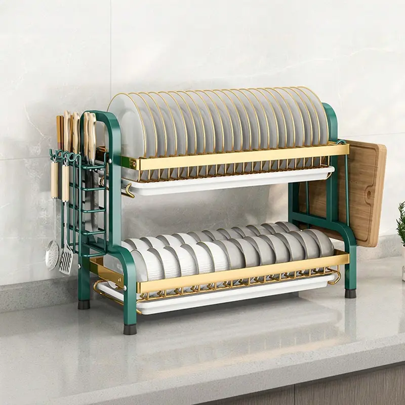 MILAN GOLD  2 Tier Dish Drainer Rack,Stainless Steel Dish Drying Rack,Kitchen Organizer Storage Shelf With Drainboard,Cutlery Holder,Cutting Board Holder,Knife Cup Utensil Holder 1