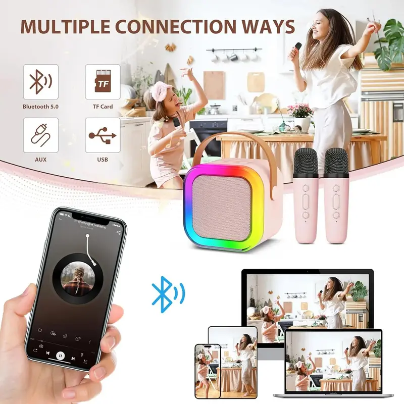 [UK Seller] Portable Mini Bluetooth Wireless Karaoke Speaker with 2 Wireless Microphone Set ,Rechargeable HiFi Stereo Sound KTV Speaker, Mp3 Audio Adjustable RGB Colorful LED Light ,Musical Kids Toy, Birthday Gift for Boys and Girls, Valentine's Day Gift 7