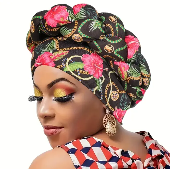 African Print Twisted Braid Turban Hat, Traditional Wax Print Headwrap, Elastic Band, One Size Fits All