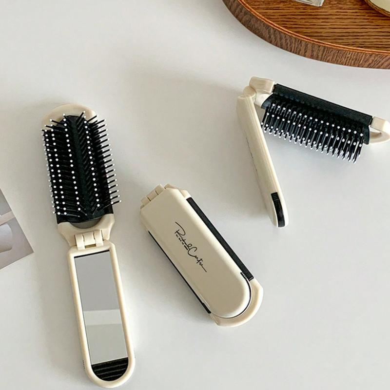 2-in-1 Foldable Silvery Plated Comb with Mirror, Portable Compact Hairbrush Air Cushion Comb, Anti-Static, Stretchable Design, Durable ABS Plastic Handle, Compact Travel Size, Suitable for All Hair Types, Mini Airbag Comb Lady 7
