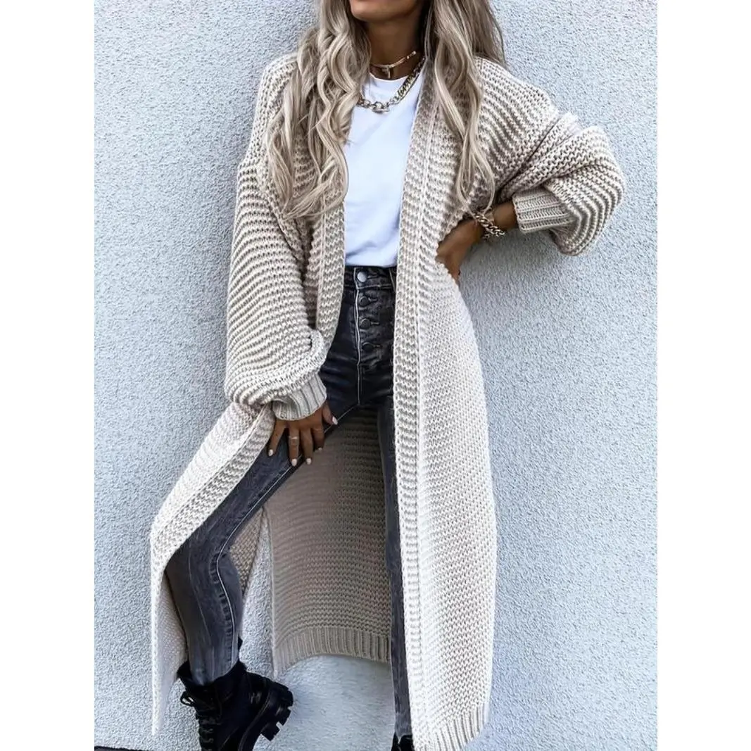 【2024】Women's Solid Split Hem Bishop Sleeve Open Front Longline Cardigan, Long Sleeve Knitting Coat for Fall & Winter, Cardigans for Women, Women's Knitwear for Daily Wear,  Balloon Sleeve Cardigan