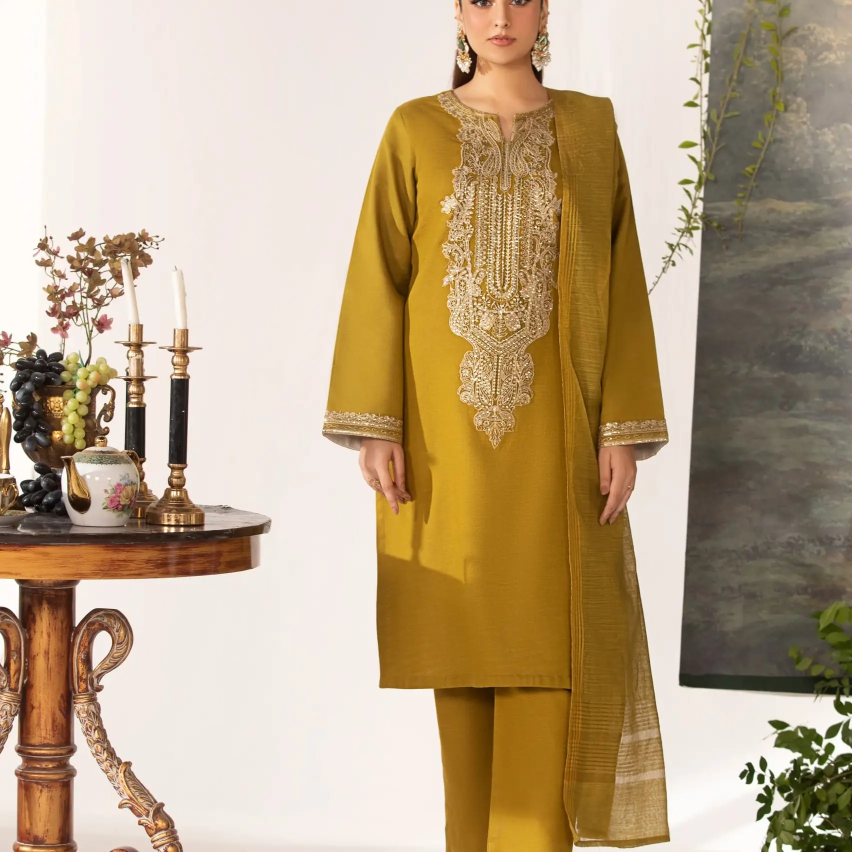 Mustard  soft Khaddar  Embroidered outfit by Heeras with jacquard shawl Womenswear Dress Fabric Dress Fabric Shirt Traditional