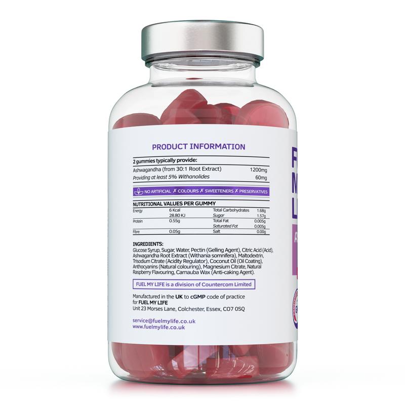 Fuel My Life | Ashwagandha Gummies - 60 Gummies – High-Strength 1200mg | Serving with 5% Withanolides | Daily Adaptogen Supplement, Natural Raspberry Flavour, Vegan-Friendly Stress Relief & Mood Support Chewables | 1