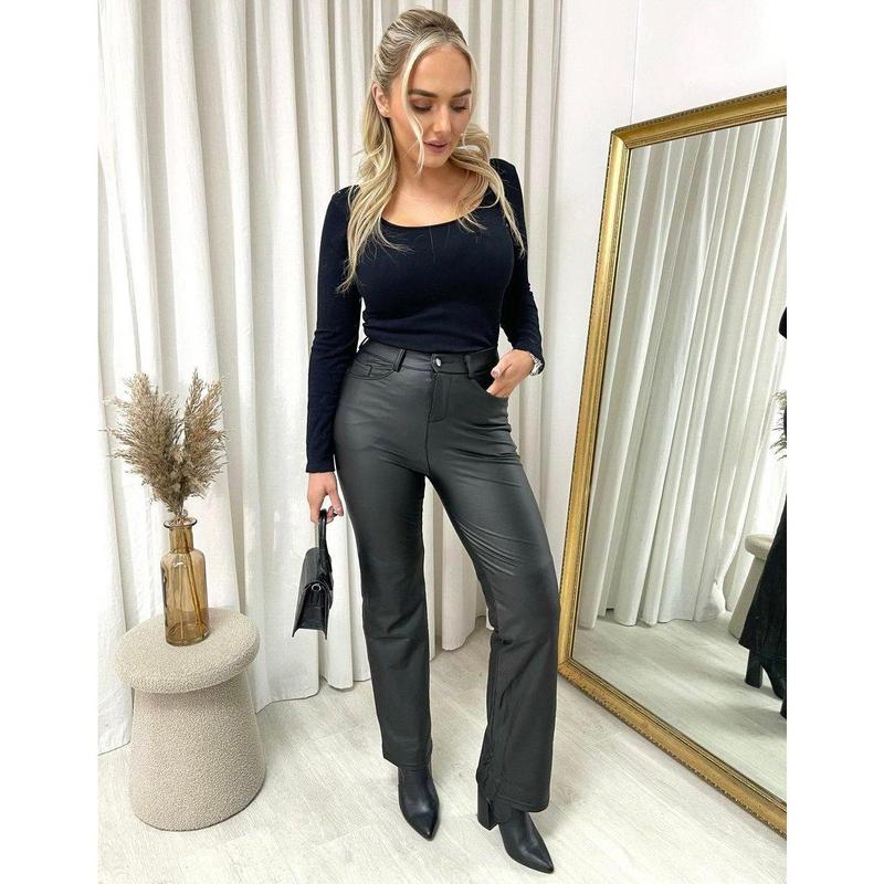 iKrush High Waisted Faux Leather Trouser i38437 High Waist   Regular Length    Workwear Partywear Plain Work Night Out 0