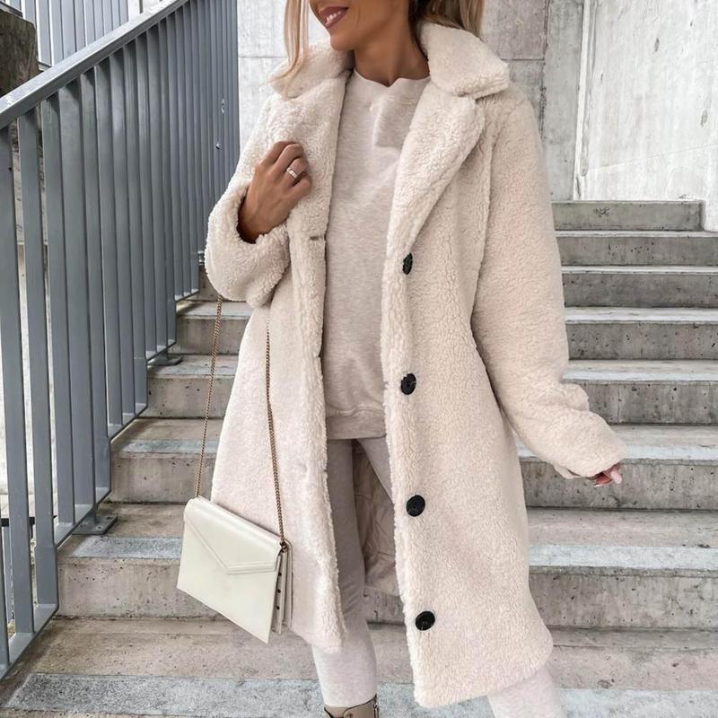 Trendy Women Overcoat Autumn Winter Women Trench Coat Long Style Pure Color Single-breasted Teddy Jacket  Windproof 2