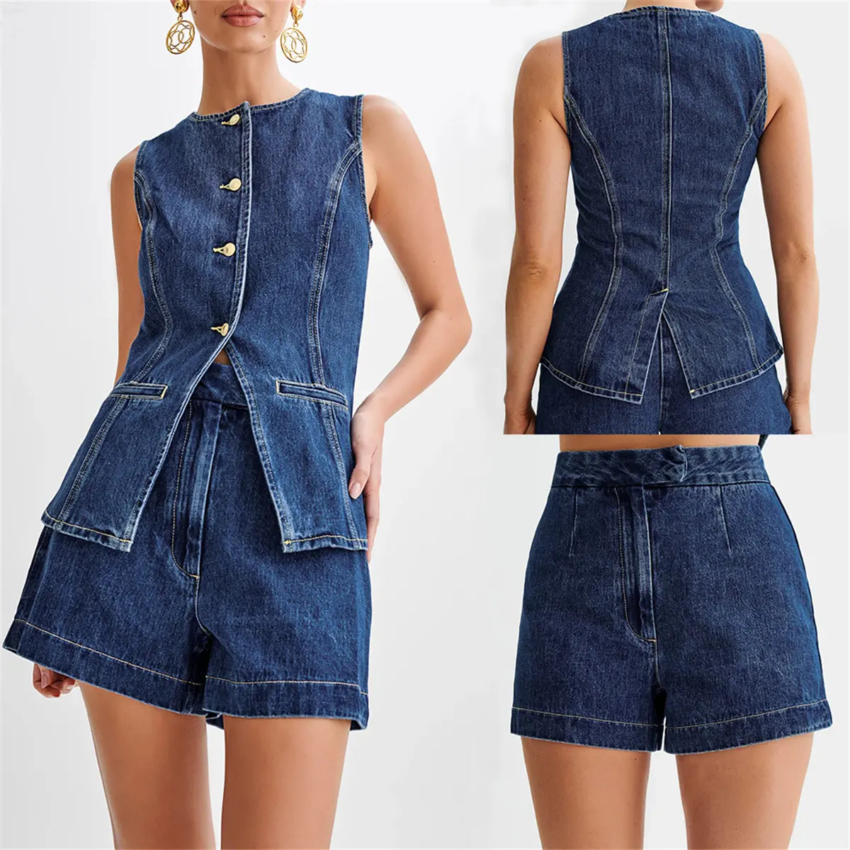 Denim 2 Pieces Sets Women Fashion Slim O-neck Sleeveless Single Breasted Vest Wide Leg Shorts 2024 Summer Y2K Office Lady Outfit