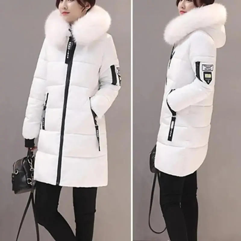 Women Winter Cotton Coat Hooded Mid Length Outerwear Windproof Warm Long Sleeve Jacket Solid Color Slim Fit Lady Down Coat 3