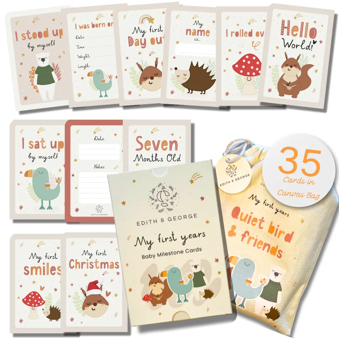 Pack of 35 Beautifully Illustrated Baby Milestone Cards in Canvas Bag