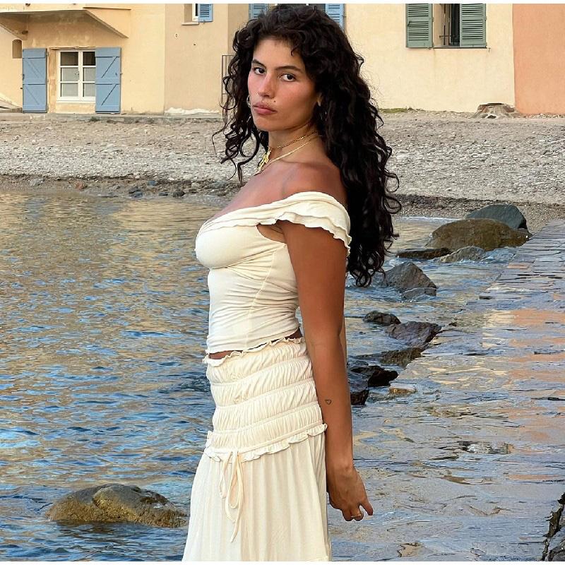 Ruffle Solid Women Sexy 2 Piece Set Outfit Crop Top Lady Skirt Sets Summer Fashion Vacation Sexy Pleated Beach Skirts Suit 4