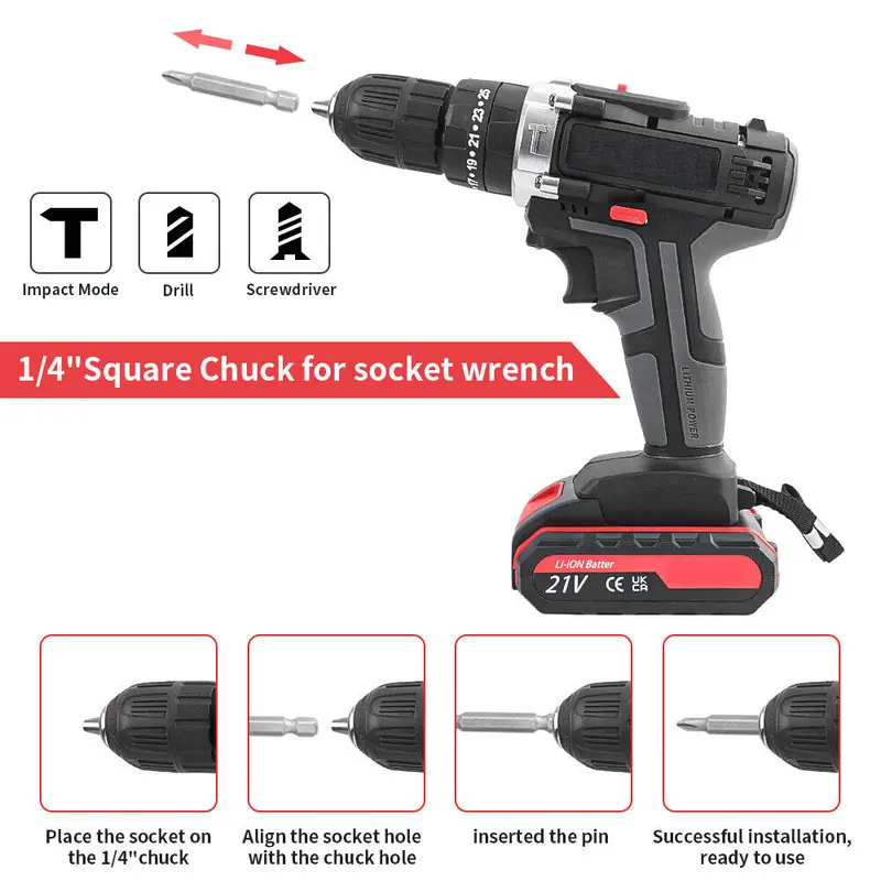 21V Cordless Combi Hammer Impact Drill Driver Electric Screwdriver Kit+2 Battery 2
