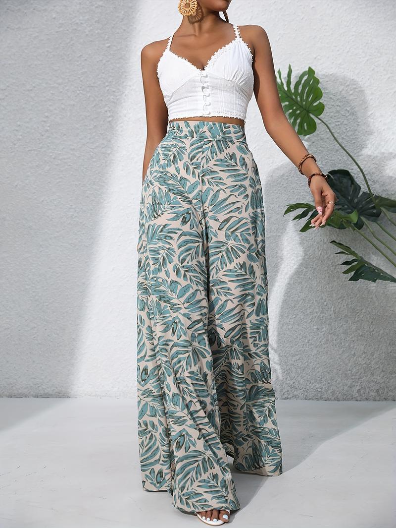 Product Introduction of Women'S Bohemian Floral Print Chiffon Wide-Leg Pants - High Waist, Elastic Waistband, Long Beach Trousers for Summer Vacation, Casual Elegant Style 23