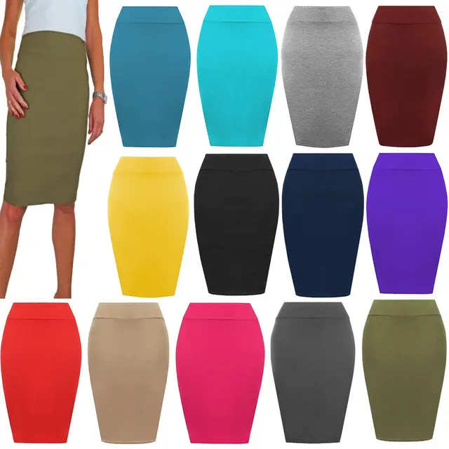 Womens High Waist Knee Length Pencil Midi Skirt Ladies Plain Bodycon Stretchy Casual Pencil Skirt