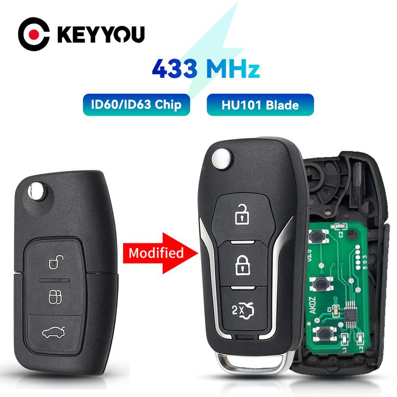 Product Introduction of KEYYOU Modified Flip Remote Car Key Control with 4D63/4D60 Chip 433MHz for Ford Focus 3 2 Mondeo Fiesta Max Key Fob Case 3 Buttons 1