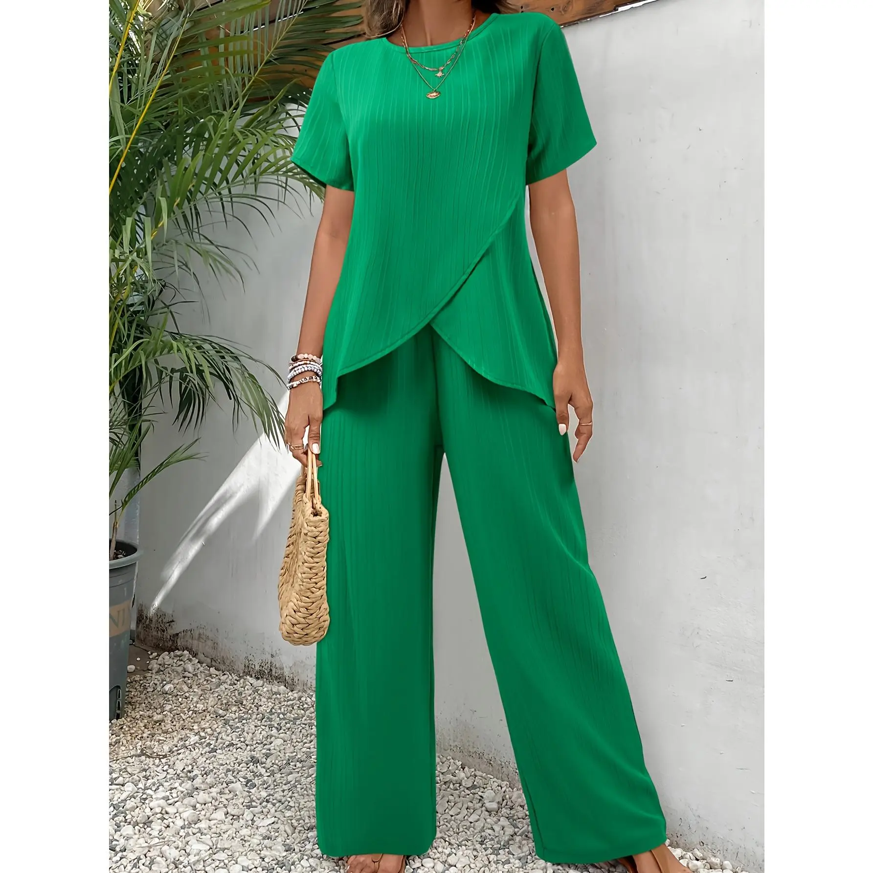 Textured Two Piece Set, Asymmetrical Hem Short Sleeve Top & Wide Leg Pants Outfits, Women's Clothing Womenswear Suits