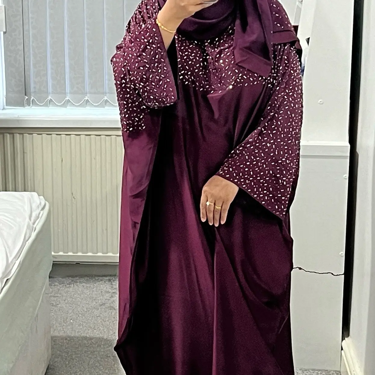 Halima Butterfly Satin Kaftan Abaya with attached Belt inside and matching hijab