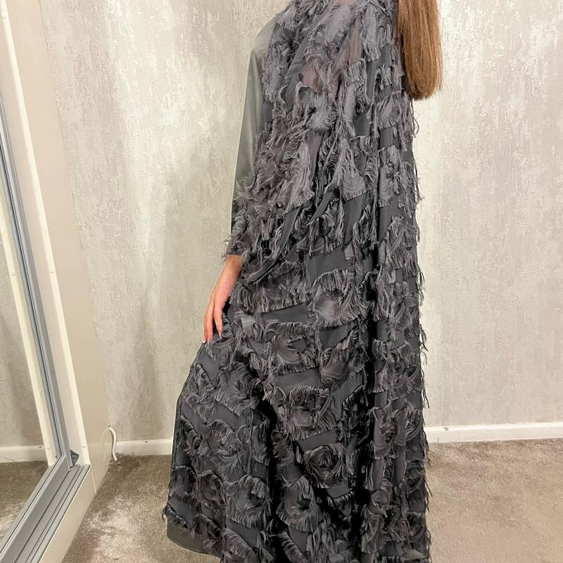 3 Peice Feather Ruffled Open Abaya in Elegant Design 9