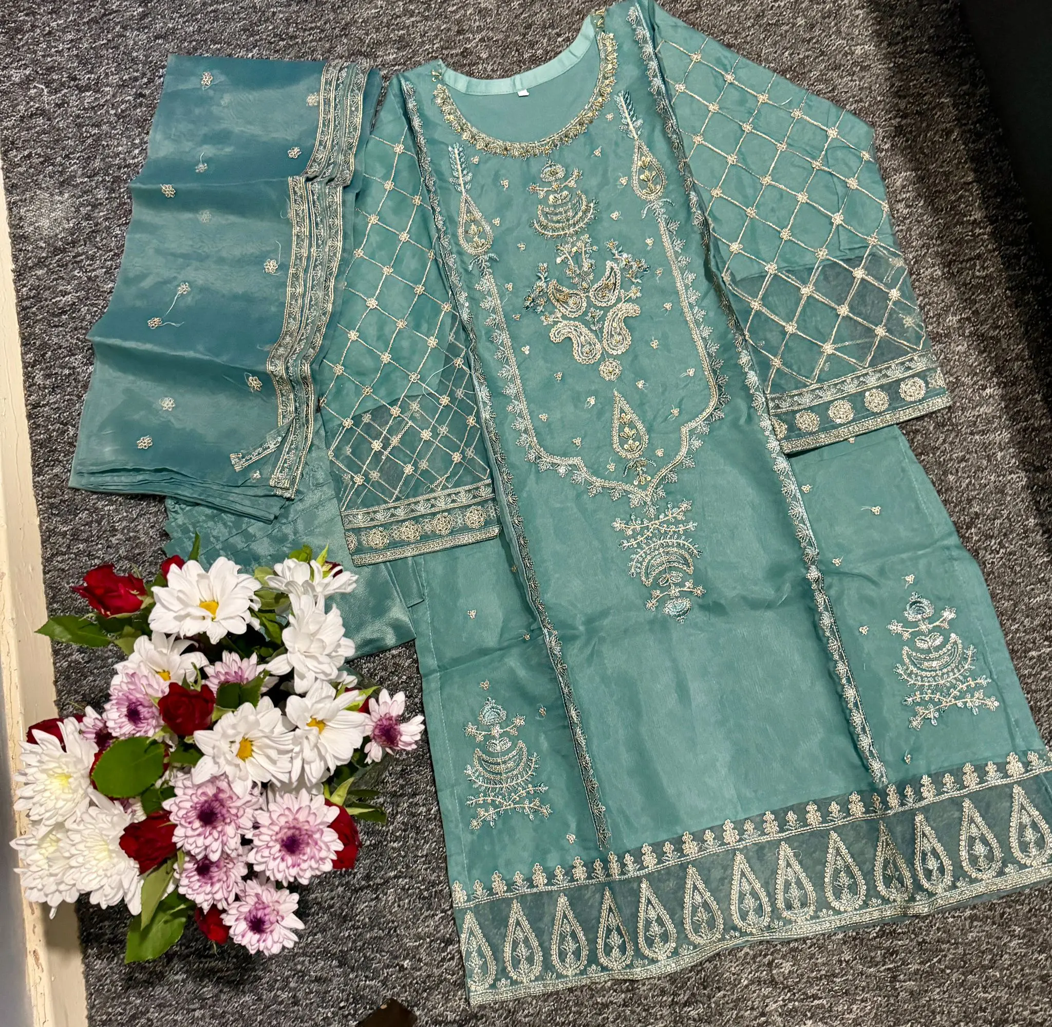 Light Blue Colour Readymade 3 Peace Organza Embroidered 3 Peace Suit with Malai Trouser Womenswear Casual Comfortable Hand Work Embroidered Long Sleeve Ethnic Shirt Dupatta Matching Embroidery