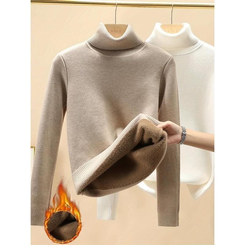 Women's Thickened Fleece Lined Slim Fit Top, Warm Turtleneck Pullover, Casual Style Long Sleeve Base Layer Top For Winter Knitwear Womenswear Underwear Comfort Lady Knitting 0