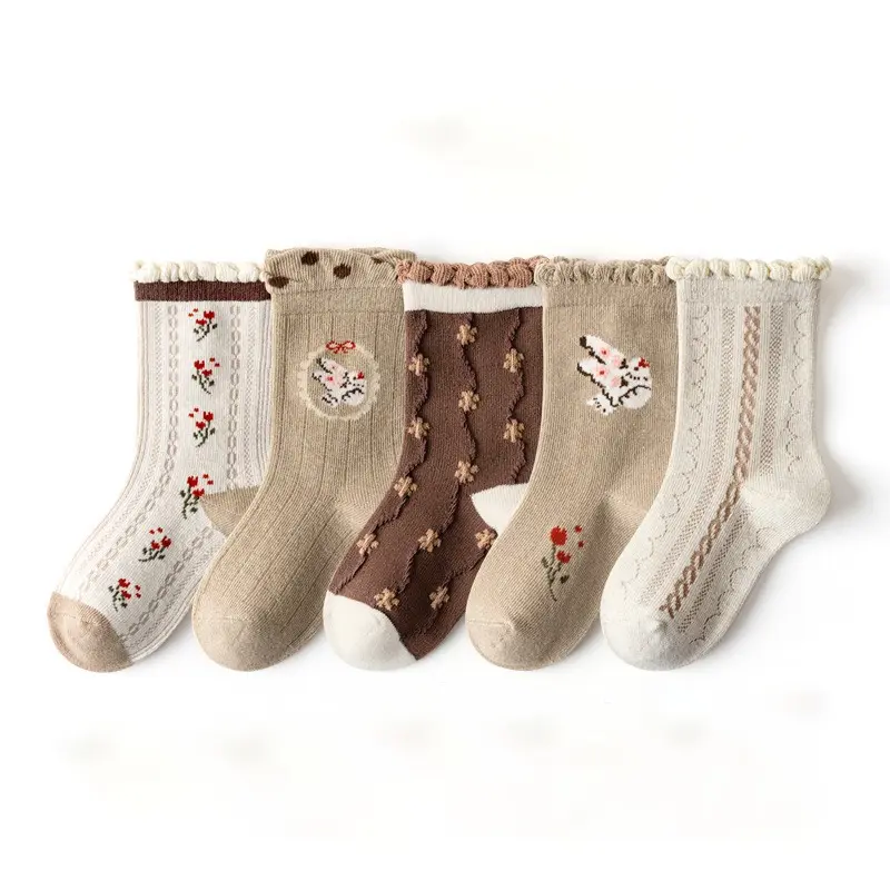 Adorable Baby Girls Floral Design Cotton Socks - Soft Breathable Brown Floral Design Set of 5 or 10 Pairs - Age 1 to 8 Years Old