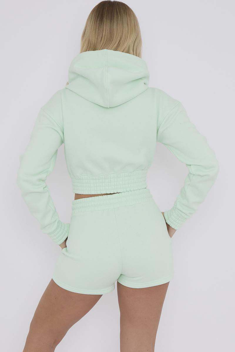 Product Introduction of Ladies Cropped Hoodie Shorts Set Women's Long Sleeve 2pcs Loungewear Casual Comfort Fashion Fit Womenswear Adjustable Pajamas Pockets Polyester Ruched Nightwear Stretchy Underwear Style Basic Longsleeves Suit Lady Soft Minimalist 10