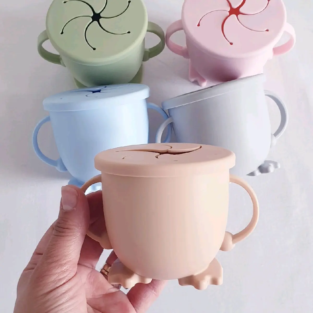 Baby toddler silicone snack cup fruit pot with lid car journeys mess free snack cup