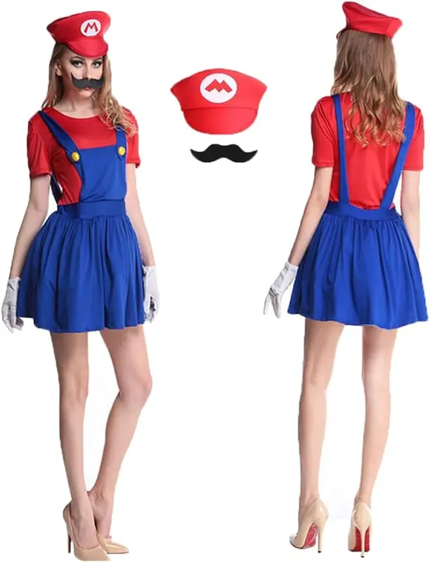 Halloween Plumber Costume Outfits for Kids Adult Unisex Cosplay Fancy Dress up with Bros Hats Cap Mustaches Halloween Cosplay Carnival 5