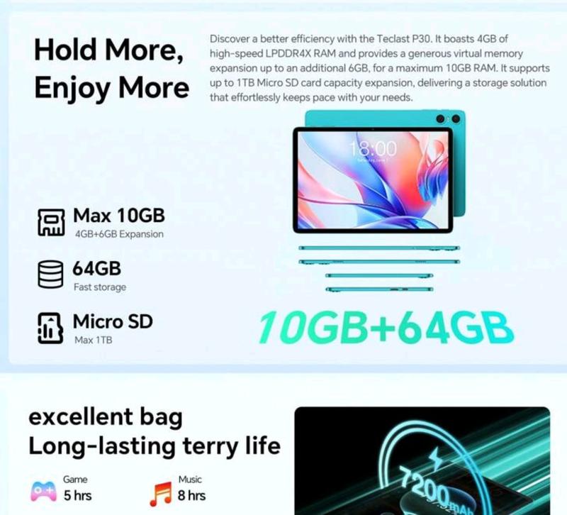 Teclast P30 2024 Tablet Allwinner A523  8-Core 1.8GHz/ 4GBRAM/64GB ROM/10.1inch 1280*800iPS/WIFI/6000mAh/Type-C/5MP+2MP Camera/Android 14)Limited Time Offer Free Ramdom Color Leather Case 3