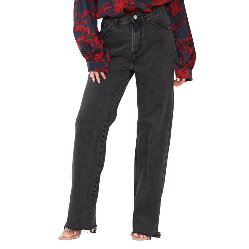 Women Black Denim Straight Leg Frayed Jeans - Wide Leg Raw Ripped Hem Pants, Loose Ripped End Denim Pants for Vintage Streetwear Fashion Personality Womenswear Baggy Bottom Casual Day Essential Fit Lightweight 0