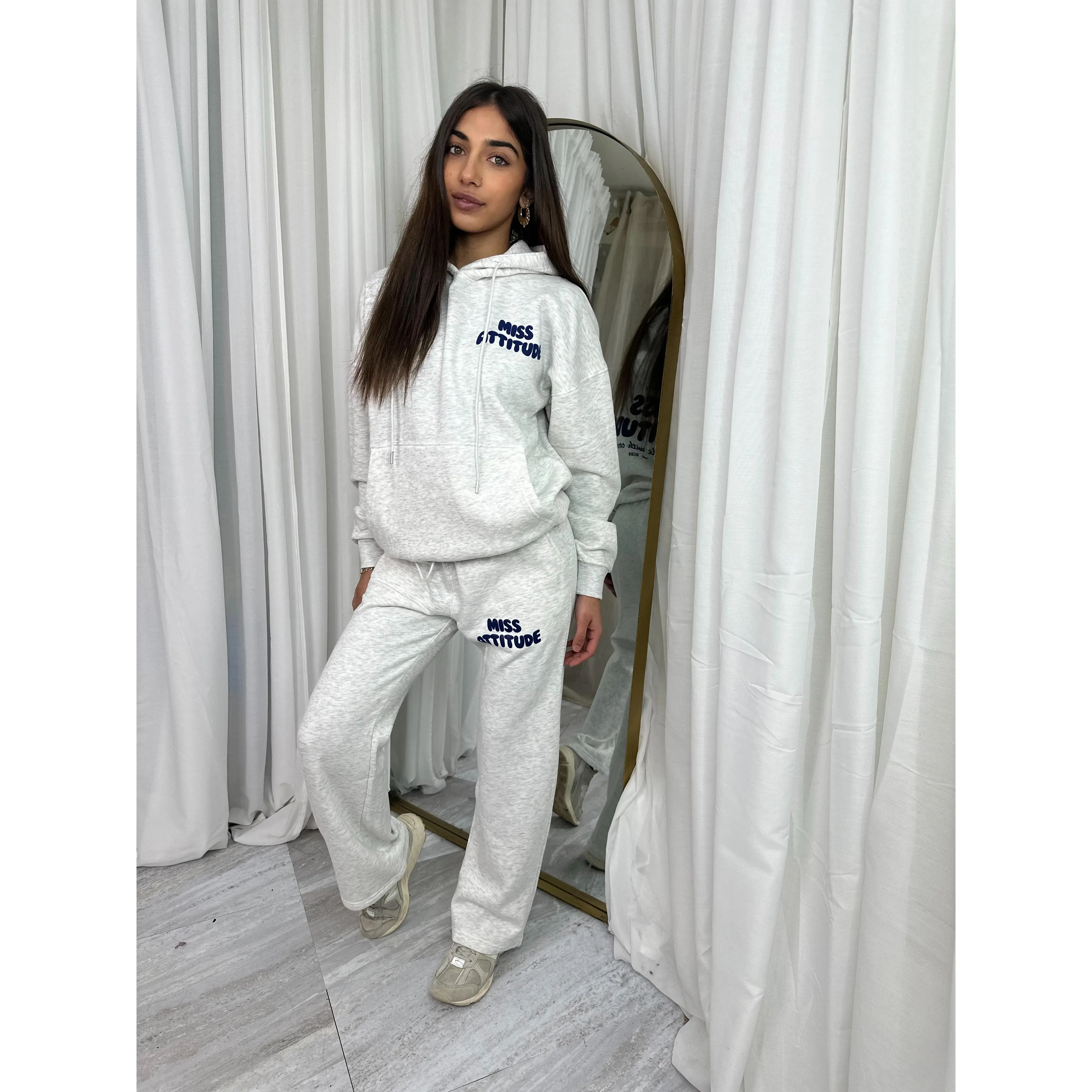 Premium bleach grey miss attitude “handle with care” oversized fleece lined tracksuit  with navy BUBBLE print