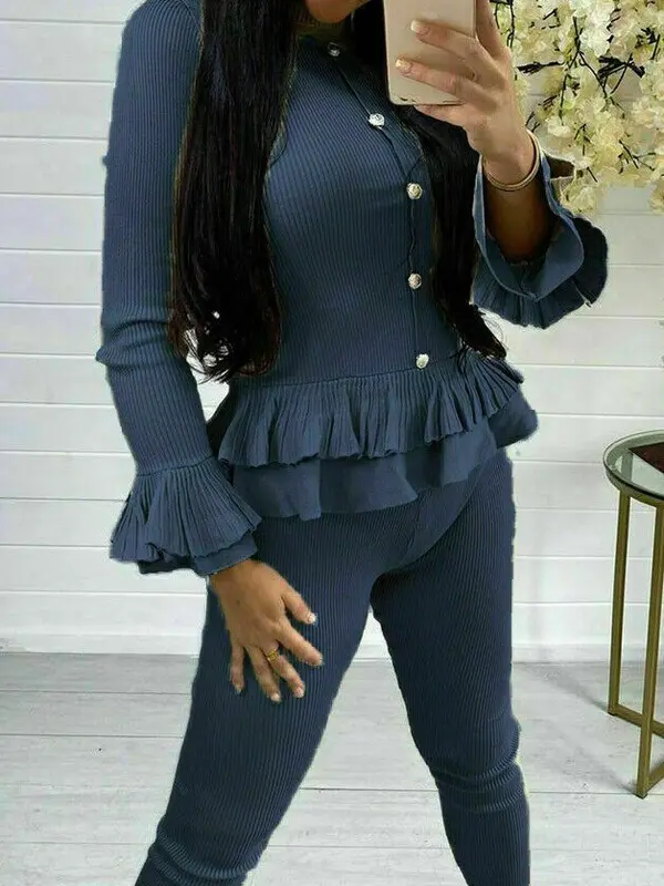 Ladies Fine Ribbed Frill Peplum Gold Button Loungewear Suit Women Tracksuit Set Fashion Womenswear Polyester Top Bottom Fabric High Waist 6