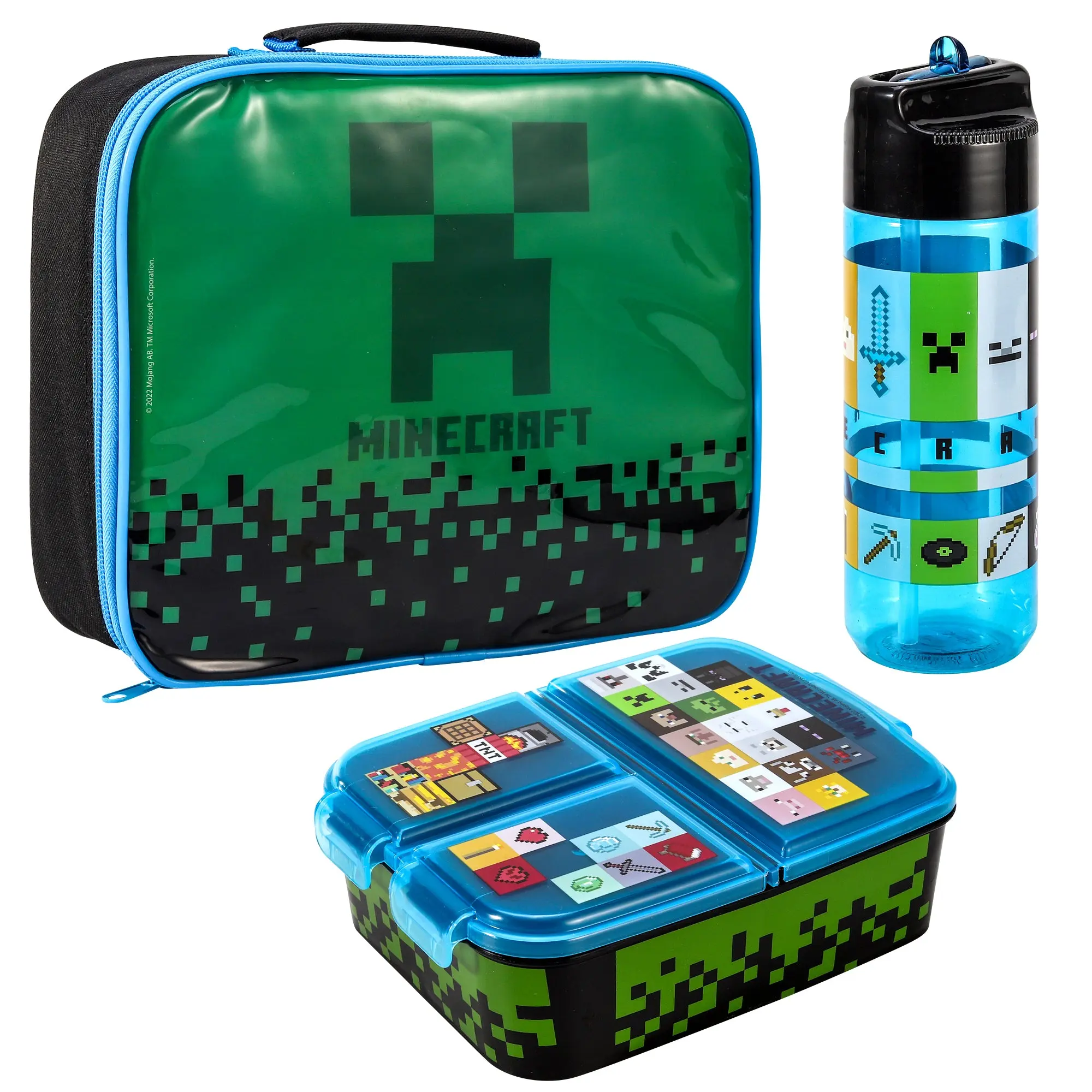 Minecraft Kids Childrens Lunch Box Set – Insulated Lunch Bag, Multicompartment Lunch Box & 580ml Water Bottle - School Travel Lunch Food Set, BPA Free